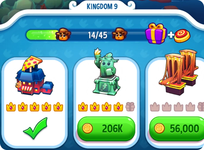 Dice Dreams Kingdom upgrade screen showing building costs and Crown progress